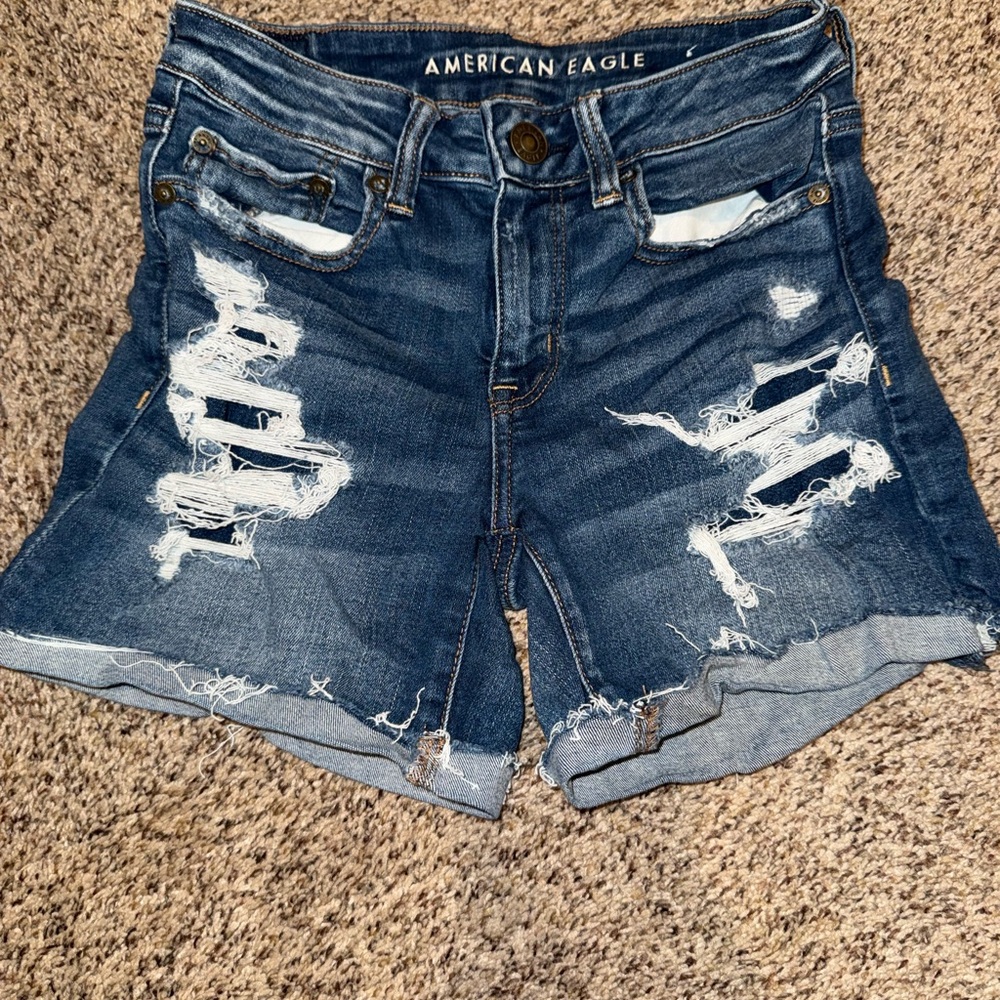 American Eagle Outfitters Distressed Dark Blue Ripped Denim Shorts - Women's